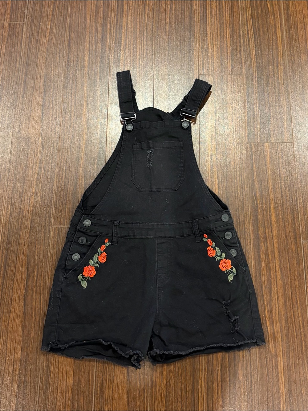 Bluenotes Black Denim Short Overalls with Red Rose Embroidery Size L